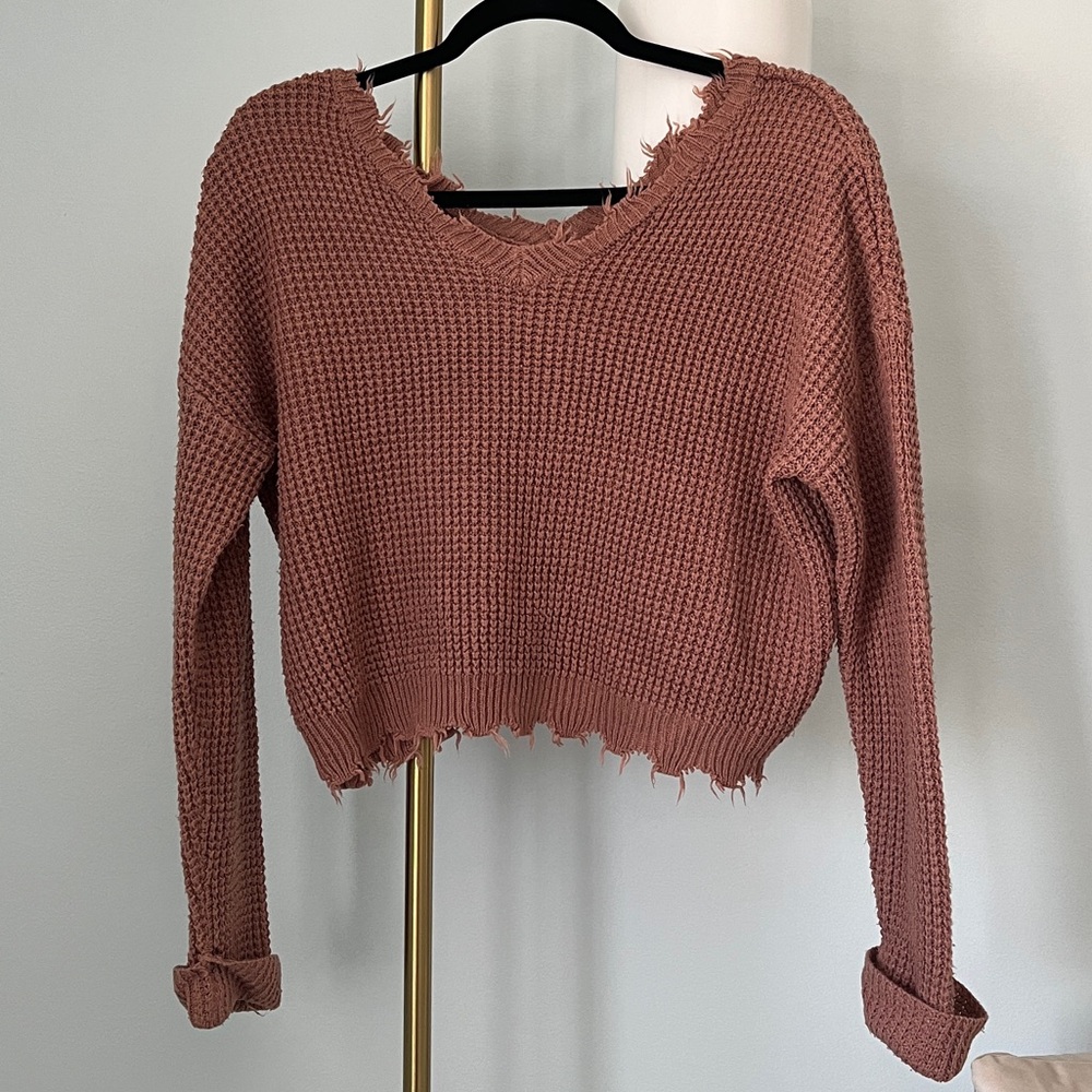Rust moon & Madison ripped torn edge sweater cuffed sleeves XS knit vneck